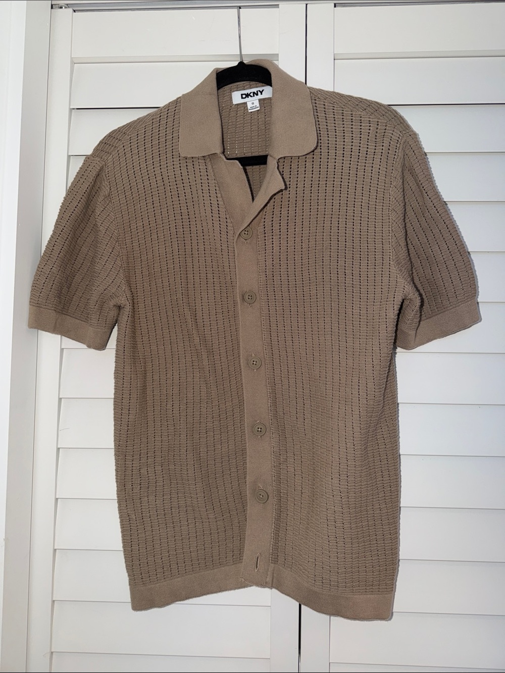 DKNY Taupe Knit Short Sleeve Button-Up Polo